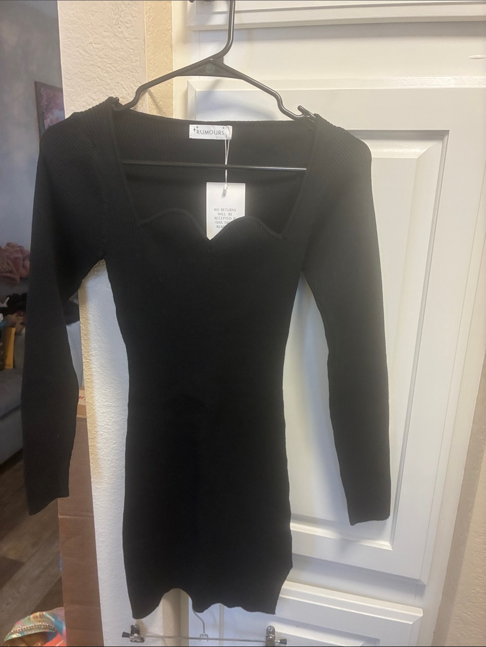 Rumours Black Ribbed Long Sleeve sweater dress with scalloped neckline NWT